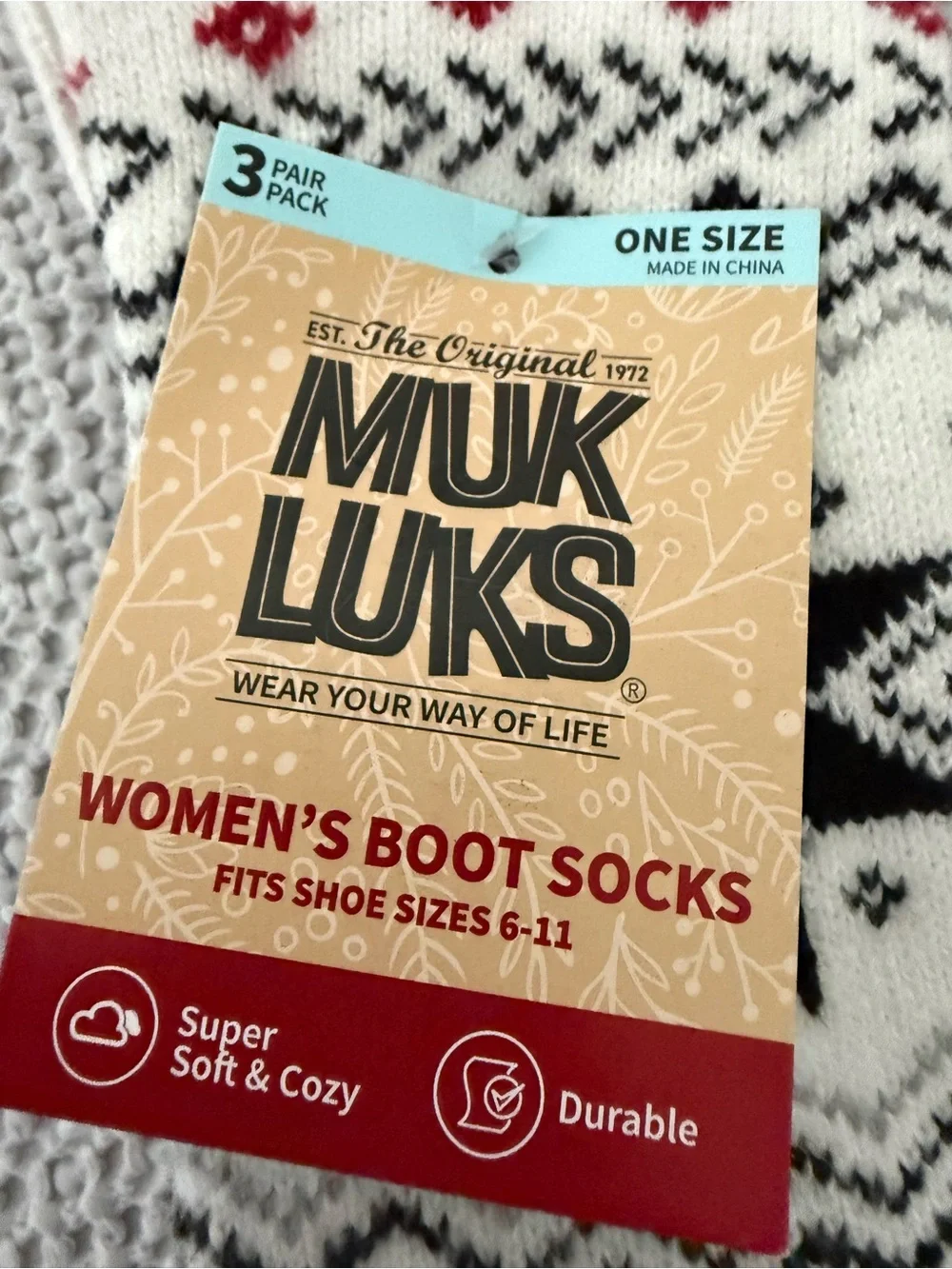 Muk Luks Women's Boot Socks in White, Black & Red - 3 Pair Pack